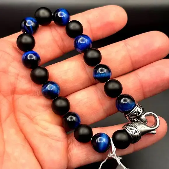 Blackjack BJB244BTN Men’s Blue Tiger Eye Onyx Beaded Bracelet 10mm NIBWT